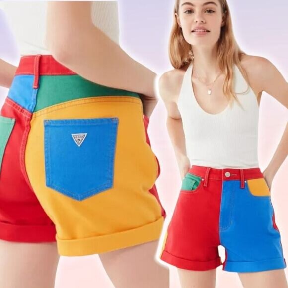 GUESS X J BALVIN Claudia Colorblock High-Rise Denim Short Sz 26 - Picture 1 of 9